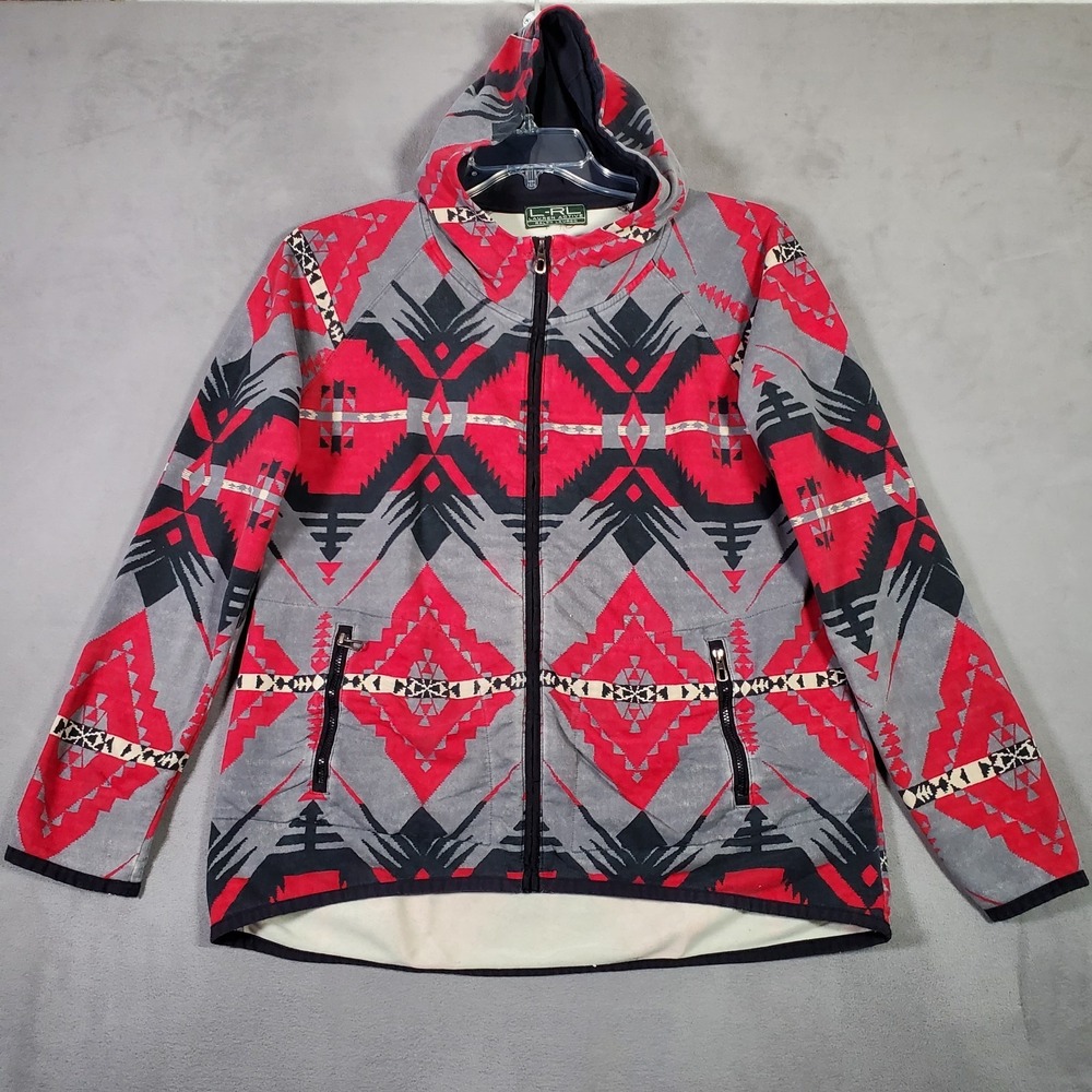 Lauren Ralph Lauren Hoodie Jacket Womens M Red Gray Southwestern Full Zip Tribal